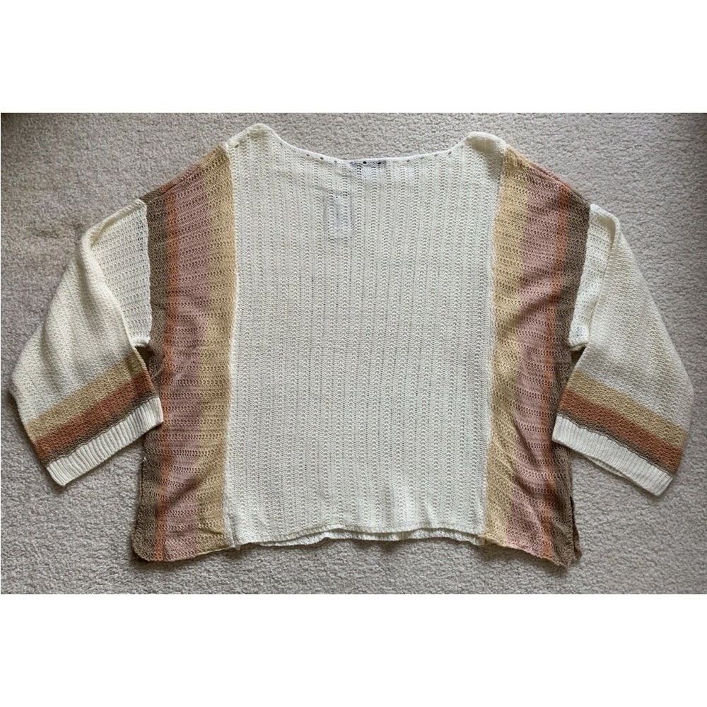 Miss Sparkling Oversized Open Knit Sweater Top Wmns L Earthy Striped Beachy Boho - Picture 2 of 11